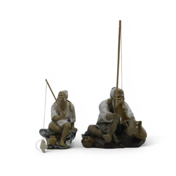 Chinese MUDMAN FISHERMEN Figurines Set Of 2 With Fishing Rods and Fish Vintage - Picture 5 of 10